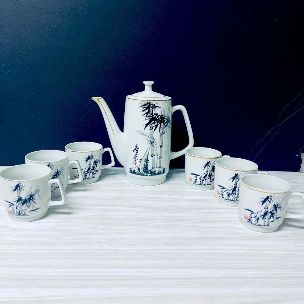 Vintage Japanese Saki Tea Pot Porcelain 6 Cups Set Gold Trim Bamboo